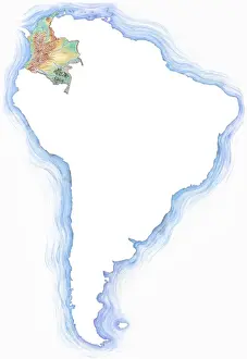 Colombia Prints: Highly detailed hand-drawn map of Colombia within the outline of South America with a compass rose and the equator