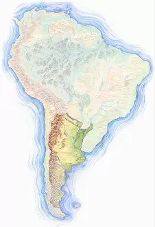 Images Dated 27th June 2012: Highly detailed hand-drawn map of South America with Argentina highlighted