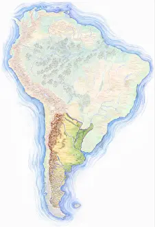 Contour Prints: Highly detailed hand-drawn map of South America with Argentina highlighted