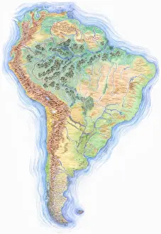 Cards Prints: Highly detailed hand-drawn map of South America with Brazil highlighted