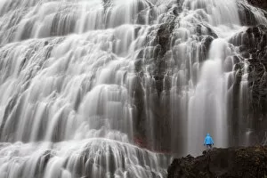 Images Dated 28th May 2011: Hiker in front of the Dynjandi waterfall, Fjallfoss, West Fjords, Iceland, Europe