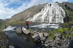 Images Dated 2nd April 2011: Hiker at Dynjandifoss or Fjallfoss Waterfall, Westfjords, Iceland, Europe