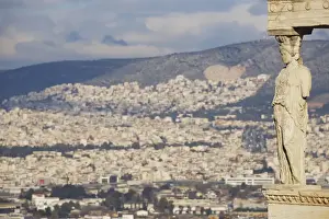 The Acropolis Of Athens Prints: Hills of Athens seen behind Erechtheion caryatid