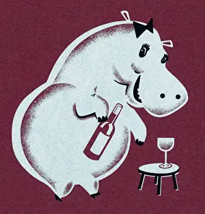 Brown Background Prints: Hippo With Wine