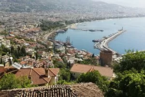 Historic town centre of Alanya with the port and Kizil Kule or Red Tower, view from Castle Hill, Alanya