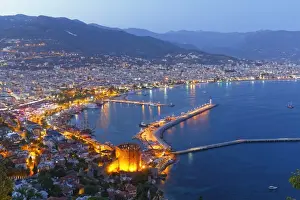 General View Prints: Historic town centre of Alanya with the port and Kizil Kule or Red Tower