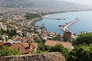 Turkish Prints: Historic town centre of Alanya with the port and Kizil Kule or Red Tower