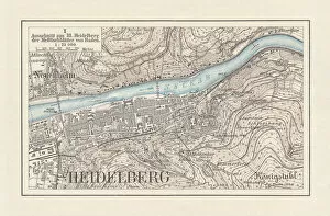 Brown Gallery: Historical city map of Heidelberg, Baden-WAOErttemberg, Germany, lithograph, published 1897