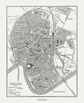 European Culture Gallery: Historical city map of Krakow, Poland, wood engraving, published 1897