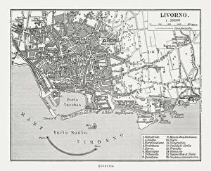 Images Dated 12th October 2018: Historical city map of Livorno, Tuscany, Italy, woodcut, published 1897