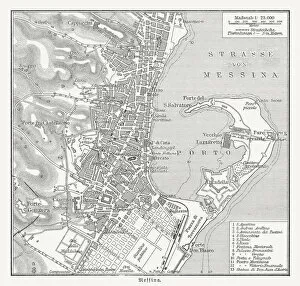 Images Dated 4th November 2018: Historical city map of Messina, Italy, wood engraving, published 1897