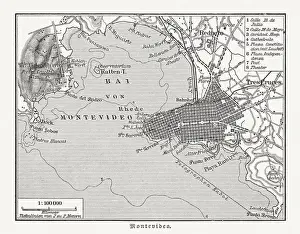 Historical city map of Montevideo, Uruguay, wood engraving, published 1897