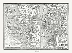 Images Dated 30th November 2018: Historical city map of Pula, Istria County, Croatia, woodcut, published 1897