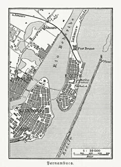 Images Dated 29th November 2018: Historical city map of Recife, Pernambuco, Brazil, wood engraving, published 1897
