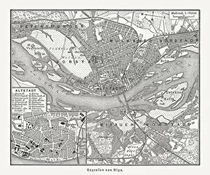 Images Dated 20th December 2018: Historical city map of Riga, Latvia, wood engraving, published 1897