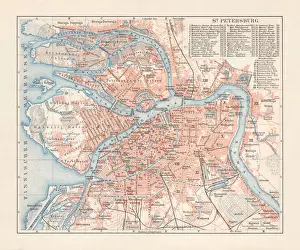 Historical city map of Saint Petersburg, Russia, lithograph, published 1897