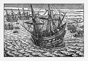 Images Dated 20th April 2016: Historical Map of Dutch Navigators Battle in Portugal Illustration