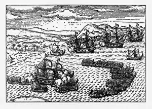 268399 Prints: Historical Map of Dutch Navigators Battle in Portugal Illustration