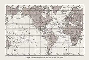 Historical map of Europe's steamship connections, wood engraving, published 1894
