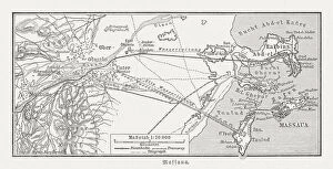 Images Dated 15th October 2018: Historical map of Massawa and surroundings, Eritrea, woodcut, published 1897