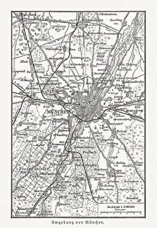 Historical map of Munich, Germany and surroundings, woodcut, published 1897