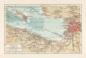 Historical map of Saint Petersburg and surroundings, Russia, lithograph, 1897