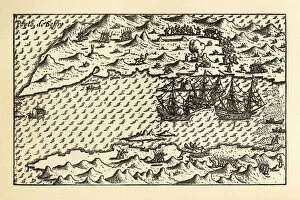 103626 Collection: Historical Map of Van Noort at Porto Deseado, 1598