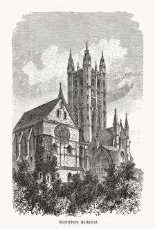 Historical view of Canterbury Cathedral, England, wood engraving, published 1893