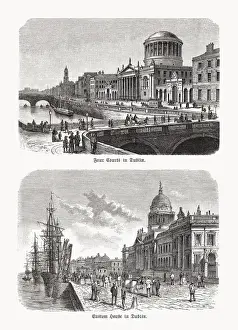 Prints of Historical views of Dublin - capital and largest city of Ireland: Four Courts and Custom House. Wood engravings, published in 1893 Dublin, Ireland Prints: Historical views of Dublin, Ireland, wood engravings, published in 1893