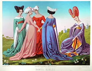 History Medieval fashion, Italian noble woman, Headdress, Gowns with long sleeves, 15th century, Vintage illustration