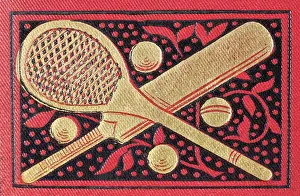 Prints of History of Sports, Crossed Tennis racquet and Cricket bat, with balls, Victorian 19th Century Digital Vision Vector Prints: History of Sports, Crossed Tennis racquet and Cricket bat
