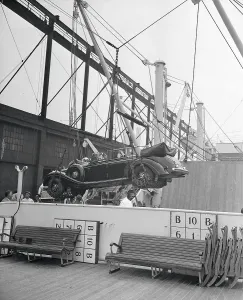 Prints of (Original Caption). North River, N.Y.: Hitler's Mercedes Benz arrived today at Pier 97, North River on the liner Stockholm this morning. The car weighs 9500 lbs. and 230 horse power engine Vintage Car Collection Prints: Hitler's Mercedes Benz