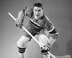 Hockey player in defensive stance