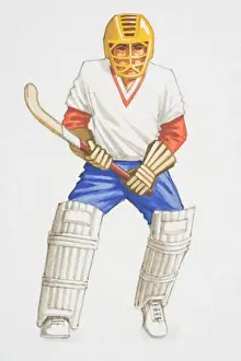Balance Prints: Hockey player wearing helmet and knee pads holding a hockey stick, front view