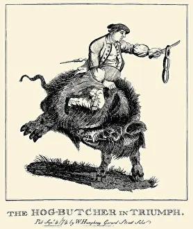 Prints of The hog-butcher in triumph. London (Gerard Street Soho) : W. Humphrey, Sep 4, 1774. A man swinging a string of sausages from a knife rides on the back of a large black boar. Artist W History on Your Walls: Hog Butcher in Triumph