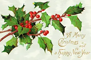 Greeting Card Prints: Holiday Greeting Card with Holly Branch