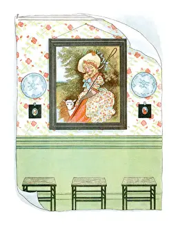Prints of Part of a wall inside a Victorian house, which bears two miniature portraits, two decorative plates and a large painting of a shepherdess with a crook and a lamb A Master Illustrator’s Satirical Vision of 19th-Century Britain: Home interior wall with portrait (Victorian illustration)