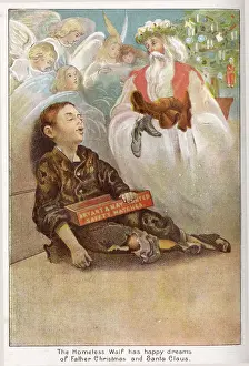 Prints of Illustration (by Adolf Doring) depicts a Christmas scene where a homeless child (a matchstick seller) dreams of Father Christmas and Santa Claus, 1895 Transcendental Graphics Prints: Homeless Waif