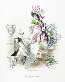 Grandville Prints: Honey-suckle flower and goat - Stunning Hand-colored plate from 'Les Fleurs Animees by J