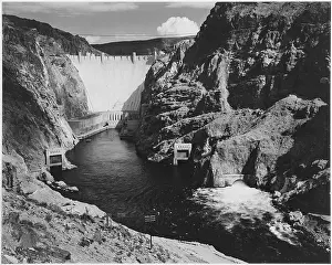Prints of A black and white photograph of the Hoover Dam A Timeless Collection of Hoover Dam Photography: Hoover Dam And Colorado River