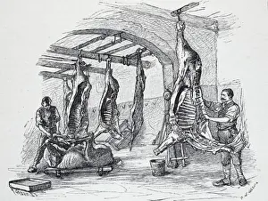Horse Butcher, Slaughterhouse in Berlin, Germany, Historic, digitally restored reproduction of an original 19th century painting