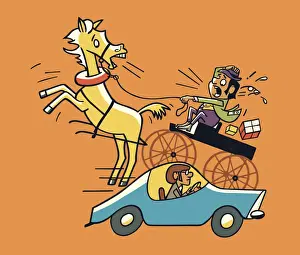 Road Trip Prints: Horse and Carriage Next to a Car