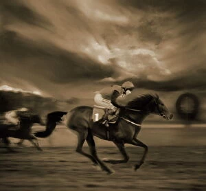 Sports Track Gallery: Horse racing, jockey at finishing post (Digital Enhancement)