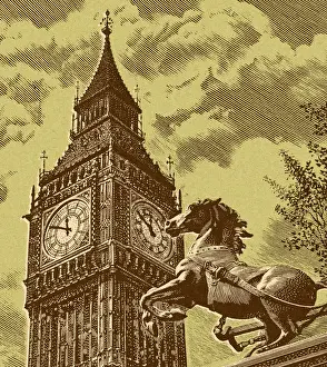 Big Ben Prints: Horse Statue In Front of Big Ben