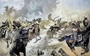 Horsemen fighting on Mars la Tour, France, Situation from the time of the Franco-Prussian War, 1870-1871, Historical, digitally restored reproduction from a 19th century original