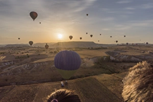 Images Dated 23rd September 2015: Hot air balloon flying over Cappadocia at morning