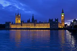 Palace Of Westminster Prints: Houses of Parliament and Big Ben at dusk, London, England, United Kingdom, Europe
