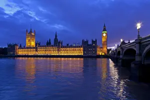Palace Of Westminster Prints: Houses of Parliament and Big Ben at dusk, London, England, United Kingdom, Europe