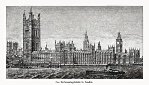 Houses of Parliament in London, England, UK, woodcut, published 1894