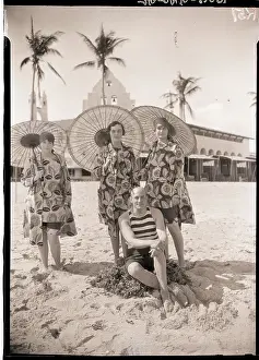 Parasol Prints: Howard Brokaw and Daughters on Beach